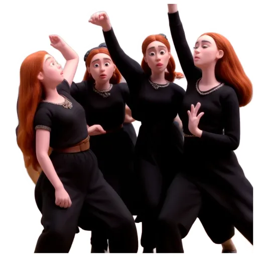 Four girls are on a black background with hands up.