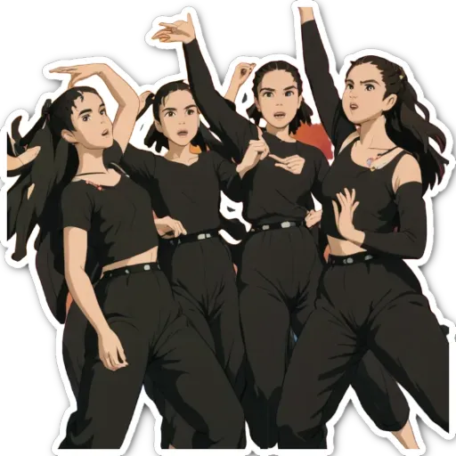 four girls with big eyes and black clothing holding hands.