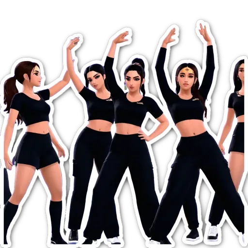Five girls standing next to each other with arms up.