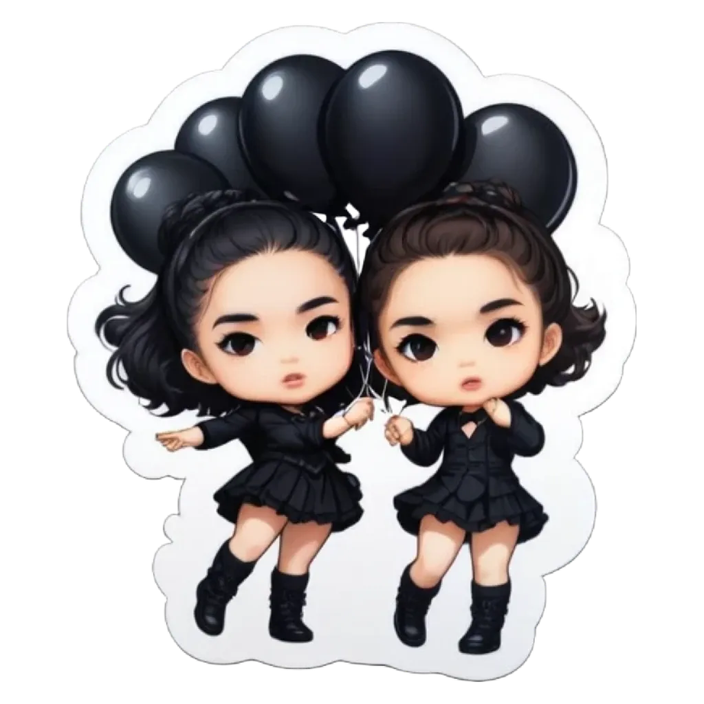 Two girls holding balloons in black dress standing next to each other.