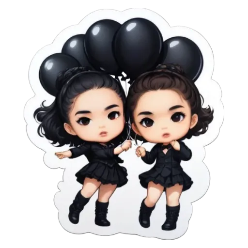 Two girls holding balloons in black dress standing next to each other.