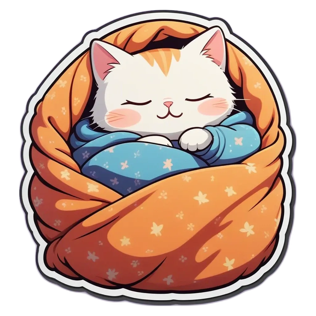 A cartoon cat sleeping in a blanket.