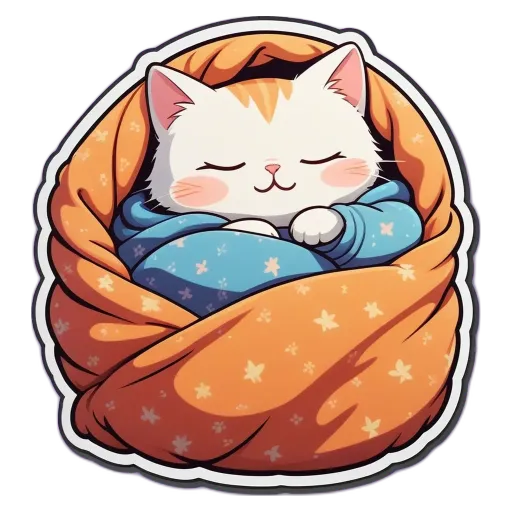 A cartoon cat sleeping in a blanket.