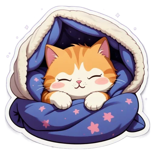 A cartoon cat sleeping with stars and flowers around it.