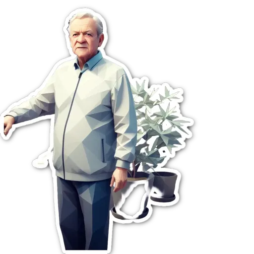 A man with a plant in his hand is standing in front of a house.