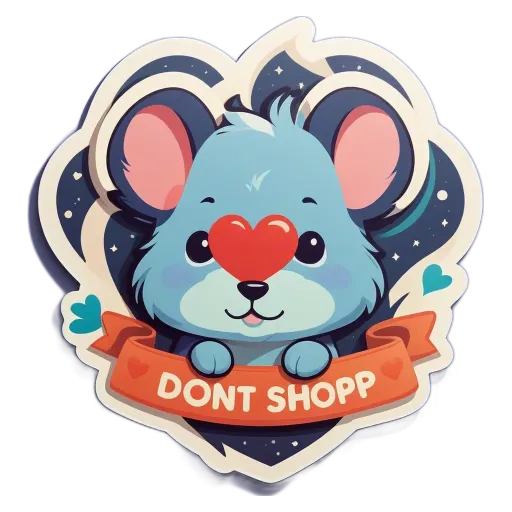 A sticker of a blue mouse with a heart to show that it is against shopping.