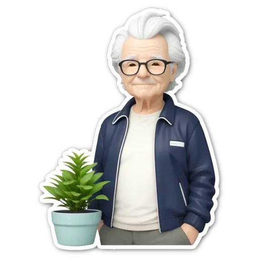An old man holding a plant in a blue jacket is standing in front of a black background.