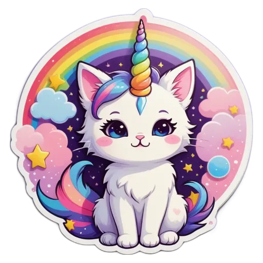 A cartoon picture of a unicorn and a cat sitting on a mat.
