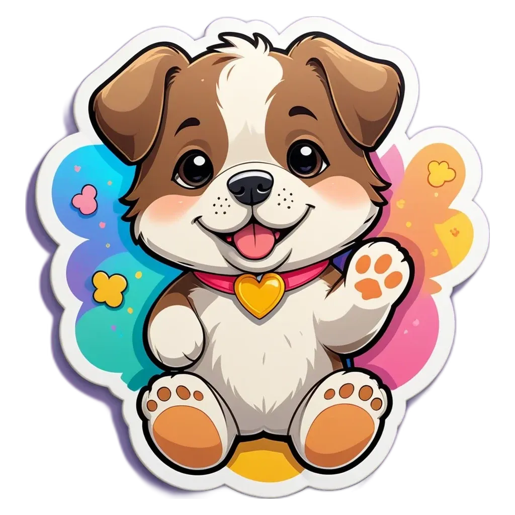 A cartoon dog with a pink heart on its collar is sitting and waving.