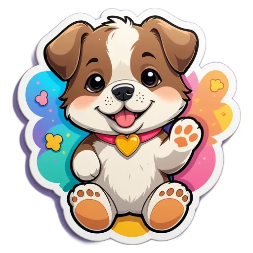 A cartoon dog with a pink heart on its collar is sitting and waving.
