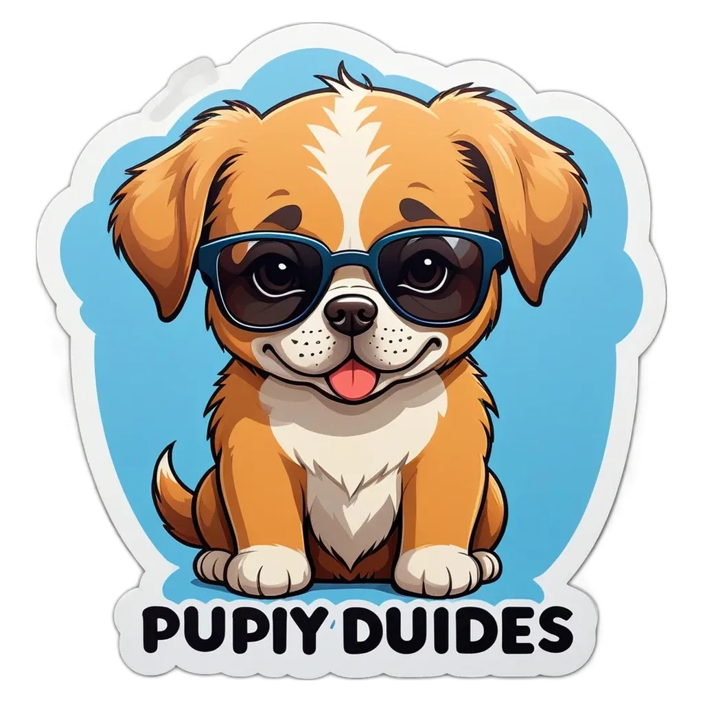 A puppy wearing glasses and the words puppy duels on a sticker.