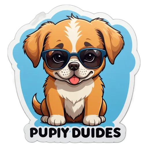 A puppy wearing glasses and the words puppy duels on a sticker.