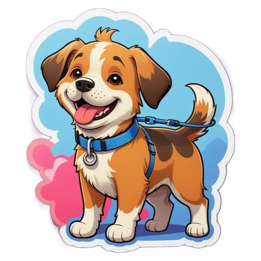 A cartoon dog is standing and holding a leash.