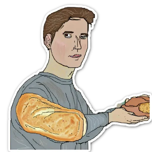 A man wearing a grey sweater is holding a sandwich.