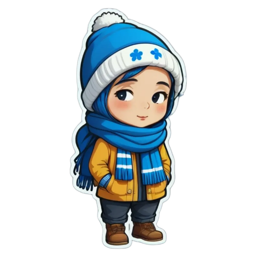 A blue and white character wearing a yellow coat and blue scarf.