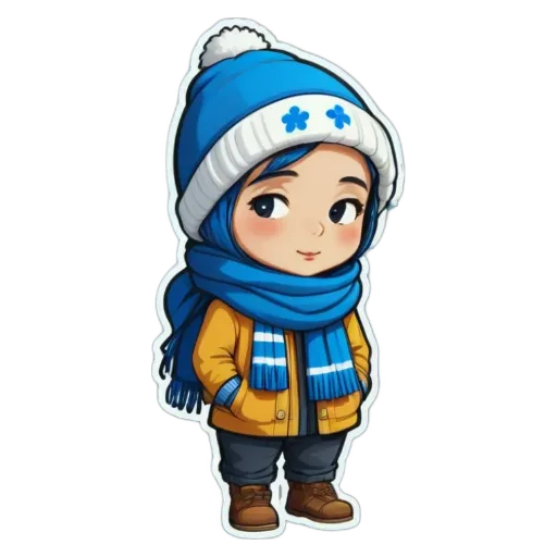 A blue and white character wearing a yellow coat and blue scarf.
