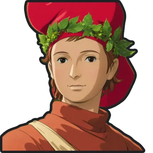 A boy wearing a red hat with a green leaf on it.