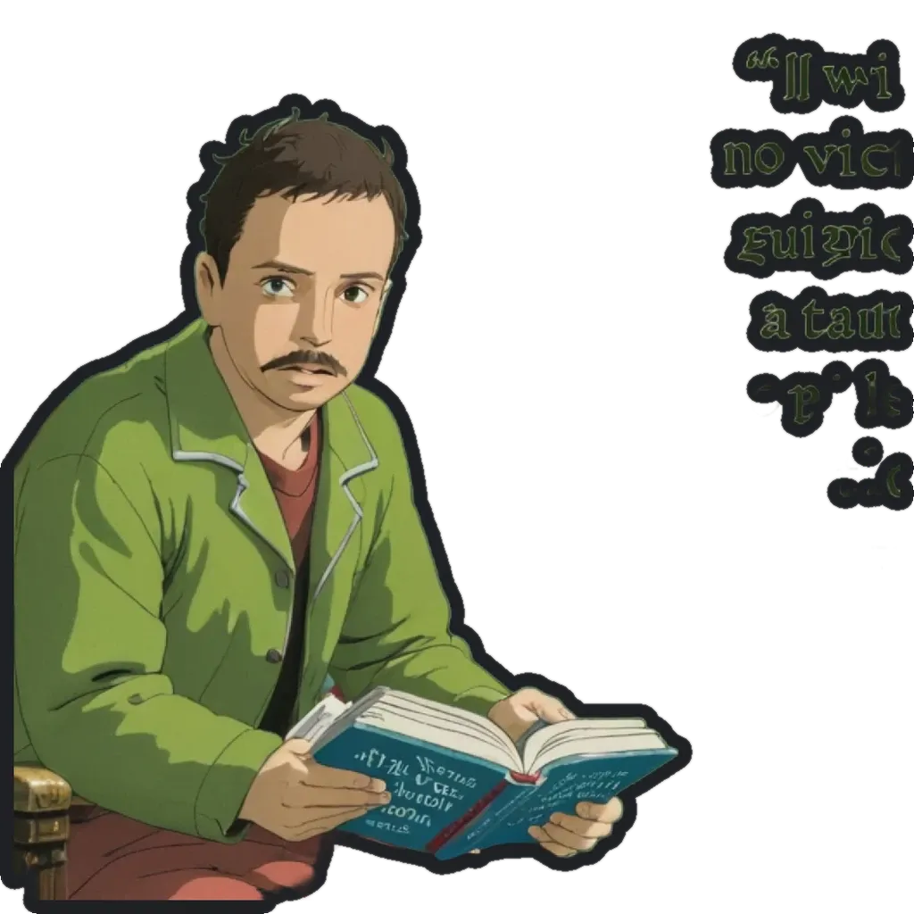 An animated man reading a book with a green jacket and mustache.