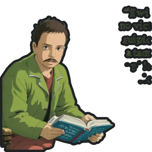 An animated man reading a book with a green jacket and mustache.