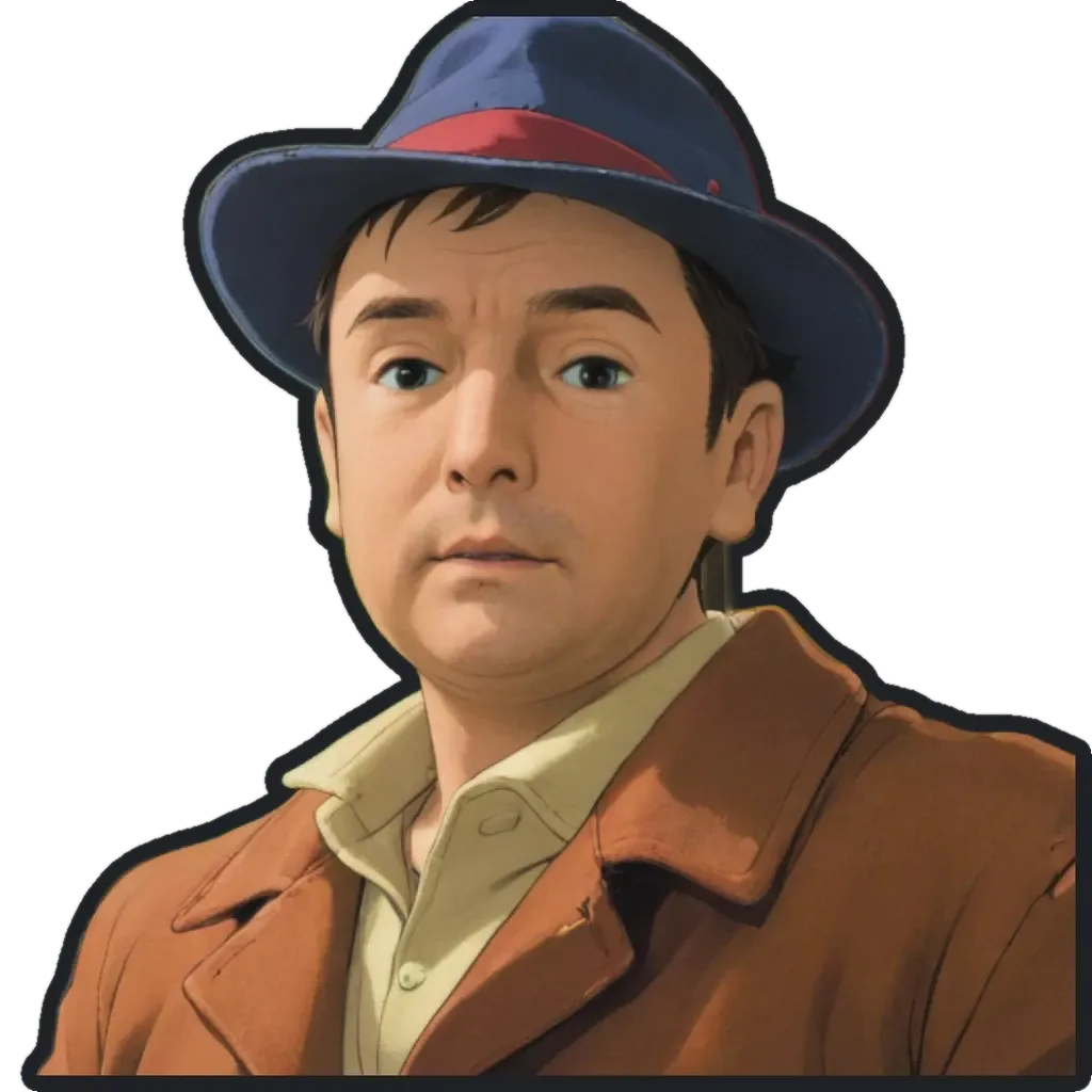 A man wearing a brown jacket and a blue hat.