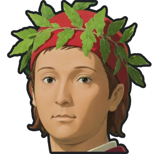 A boy wearing a red hat with leaves and a laurel wreath on it.