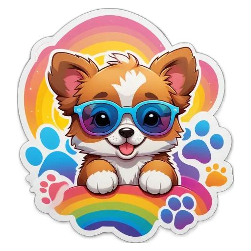 A dog in sunglasses is sitting on a rainbow shaped object.