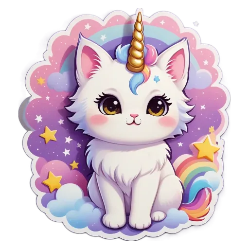 A cartoon picture of a unicorn cat with rainbow colored horn and eyes.