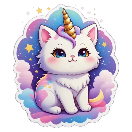 A cartoon picture of a unicorn cat with rainbow colored fur.