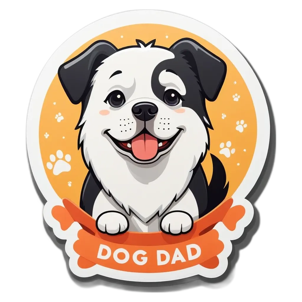 A cartoon dog dad sticker with a ribbon and paw print.