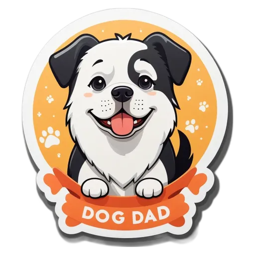 A cartoon dog dad sticker with a ribbon and paw print.
