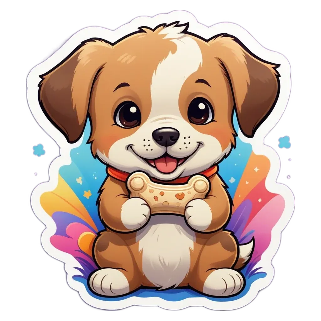A cartoon dog holding a bone is shown.