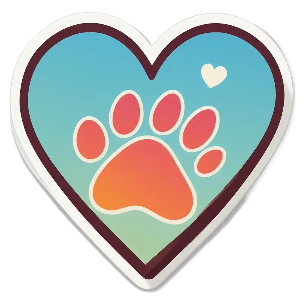 A heart shaped sticker with a cat's paw on it.