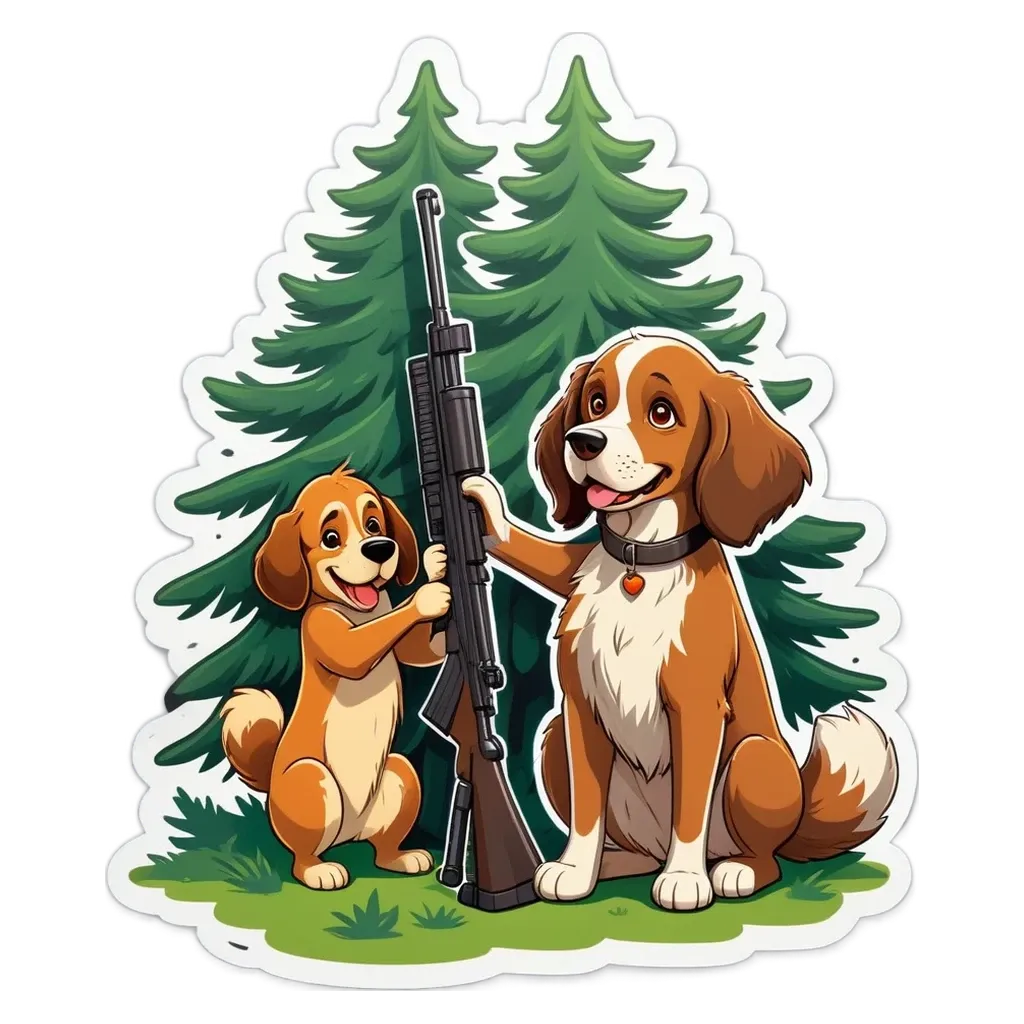 A cartoonish photo of a father and son with a rifle.