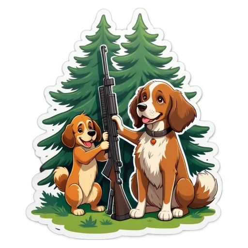A cartoonish photo of a father and son with a rifle.