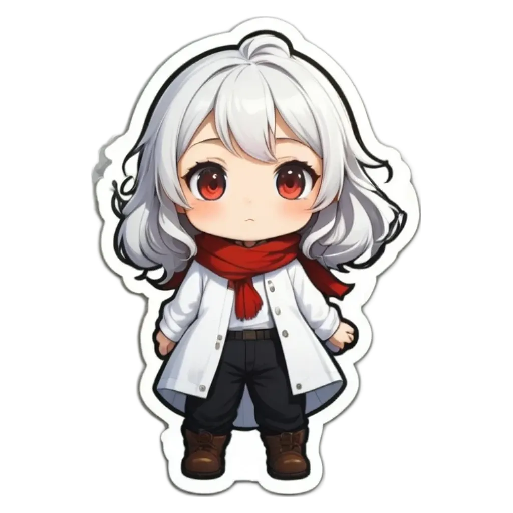 A girl with white hair and a red scarf standing in front of a black background.