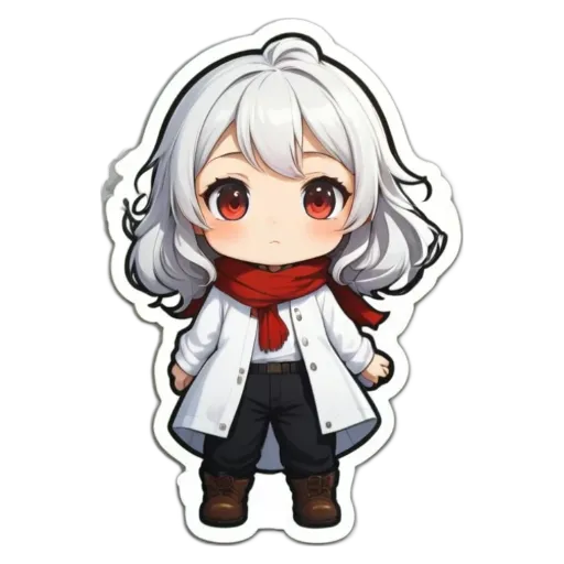 A girl with white hair and a red scarf standing in front of a black background.