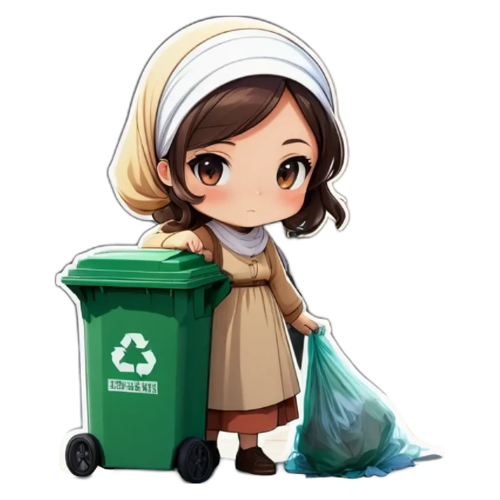 A girl holding a bag is standing in front of a recycling bin.