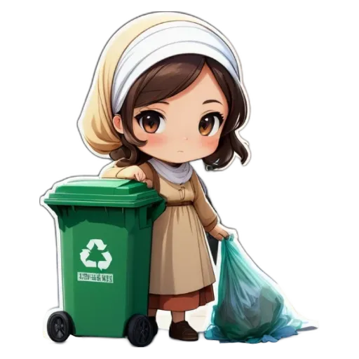 A girl holding a bag is standing in front of a recycling bin.