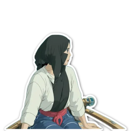A sticker of a girl with a white shirt and black scarf sitting in a boat.