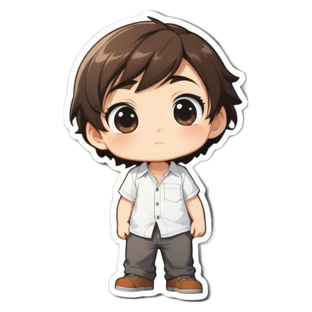 A boy wearing a white shirt and khaki pants.