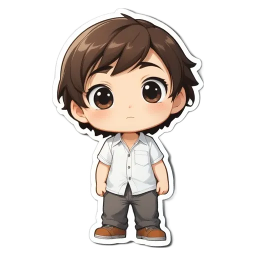 A boy wearing a white shirt and khaki pants.