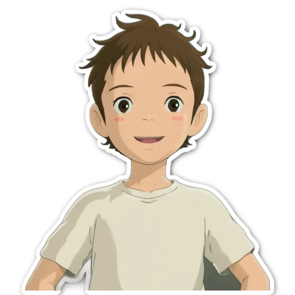 A boy with a white shirt and brown hair.
