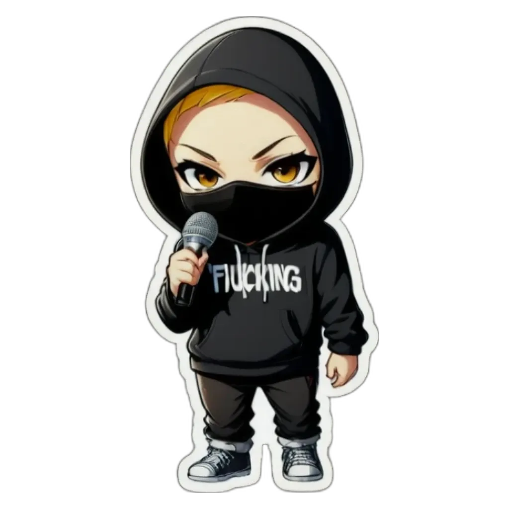 A boy holding a microphone and the word "fucking" on his shirt.