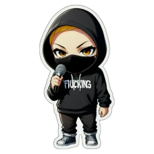 A boy holding a microphone and the word "fucking" on his shirt.