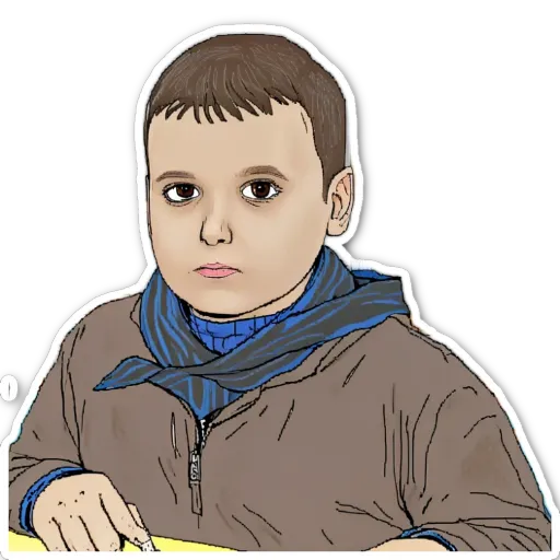 A boy wearing a blue scarf is looking down.
