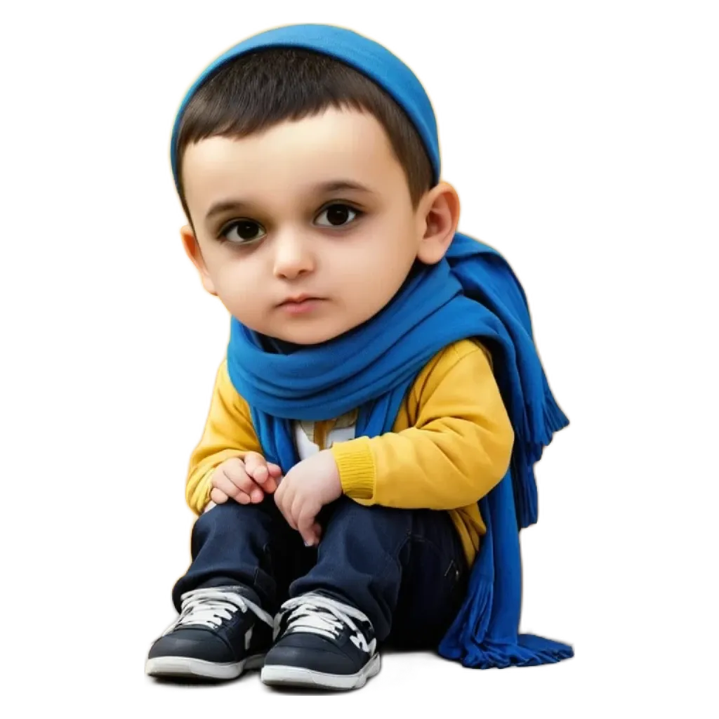 A boy is sitting with his hands on his knees wearing a blue scarf.