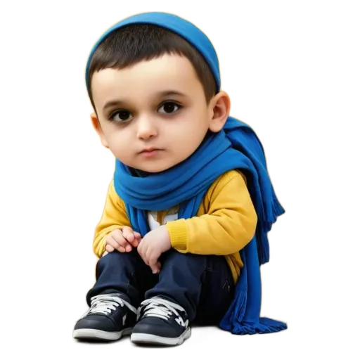 A boy is sitting with his hands on his knees wearing a blue scarf.
