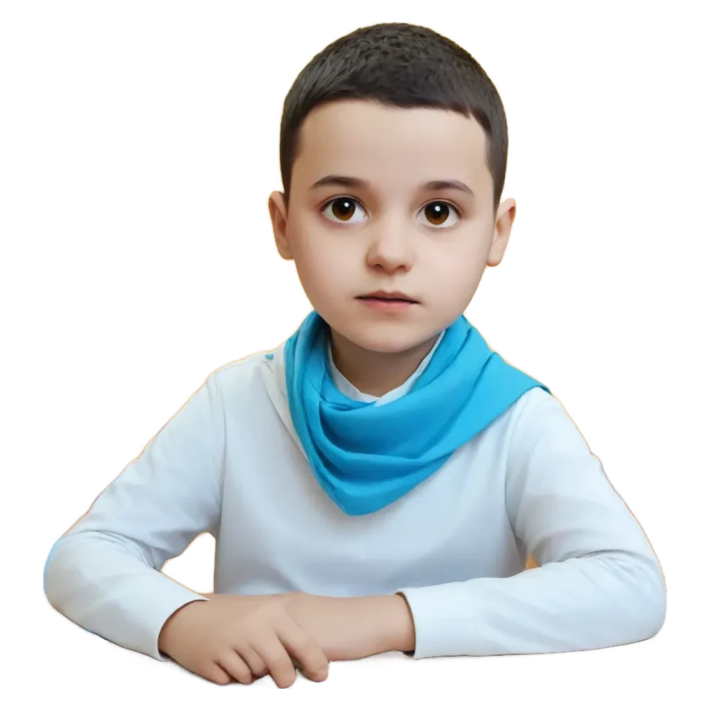 A boy sitting at a table with his hands on his knees.