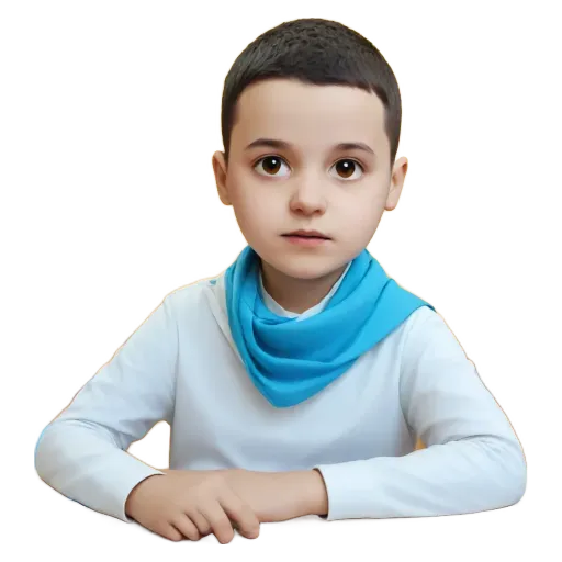 A boy sitting at a table with his hands on his knees.