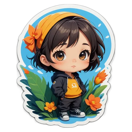 A girl is standing in front of flowers.